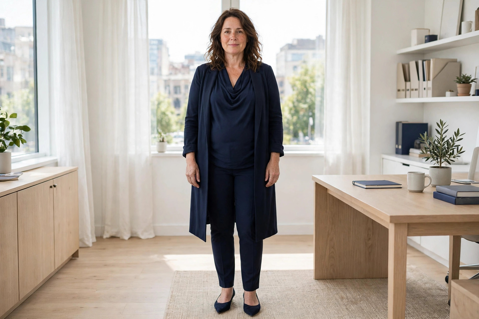 Apple shaped woman wearing a navy draped blouse, navy slim trousers, a long navy vest and navy pointed flats in a bright office