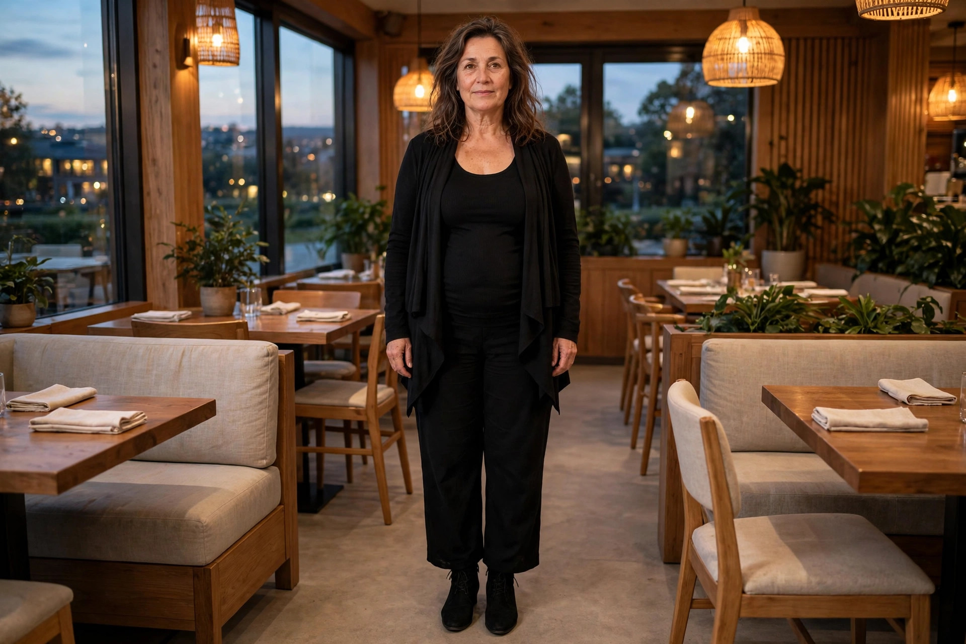 Apple shaped woman wearing a black scoop neck top, black wide leg trousers, a black waterfall jacket and black ankle boots in a restaurant at evening