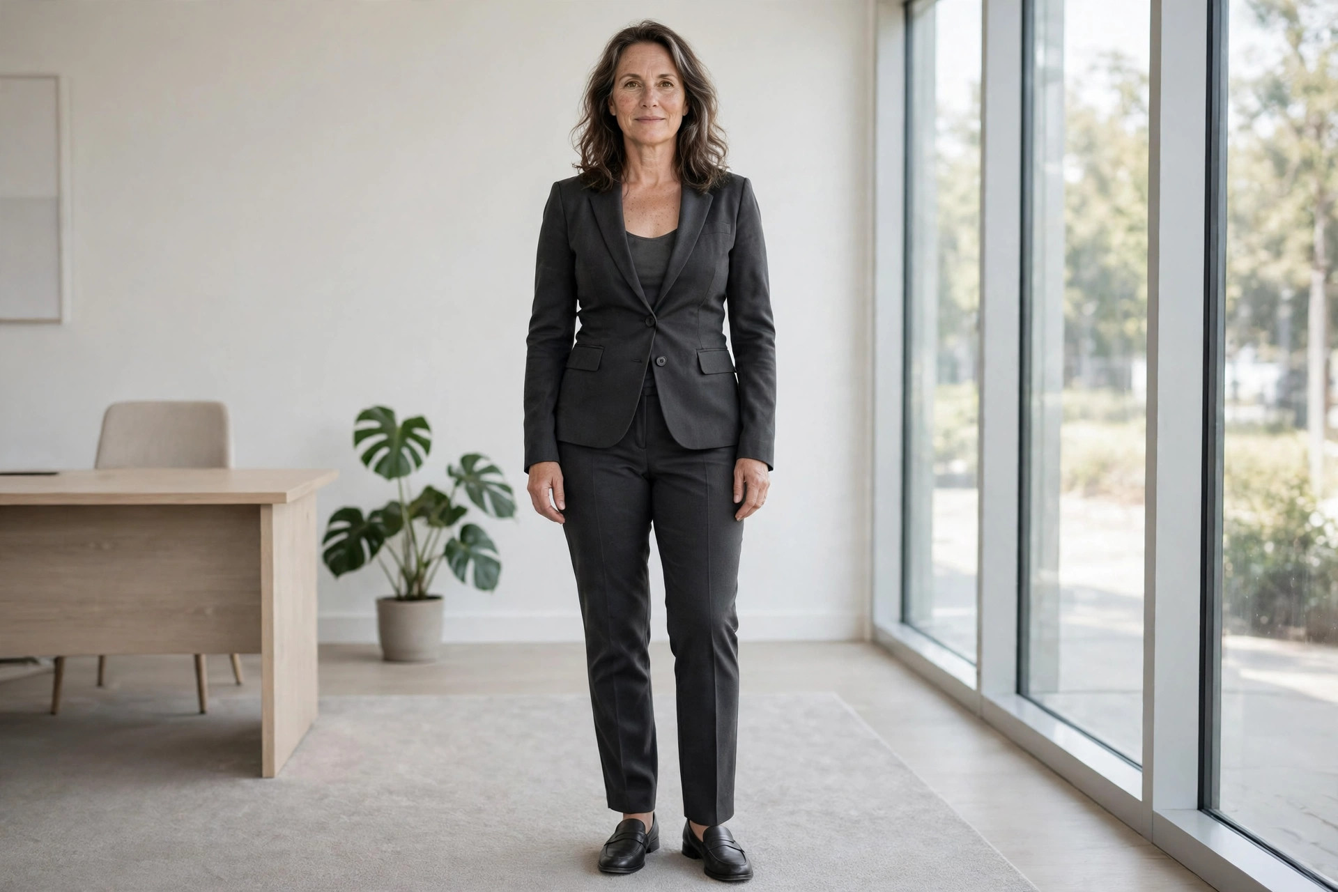 Pear shaped woman wearing a charcoal fitted blazer, a charcoal shell top, charcoal straight trousers and charcoal loafers in a bright office