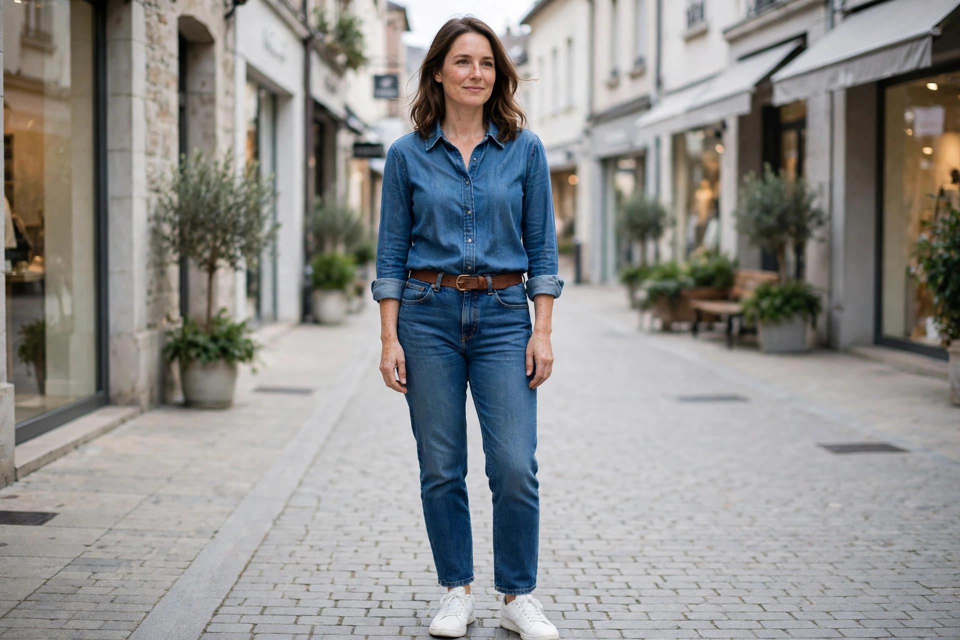 Rectangle shaped woman wearing a denim blue shirt tucked into blue straight jeans with a brown belt and white sneakers on a shopping street