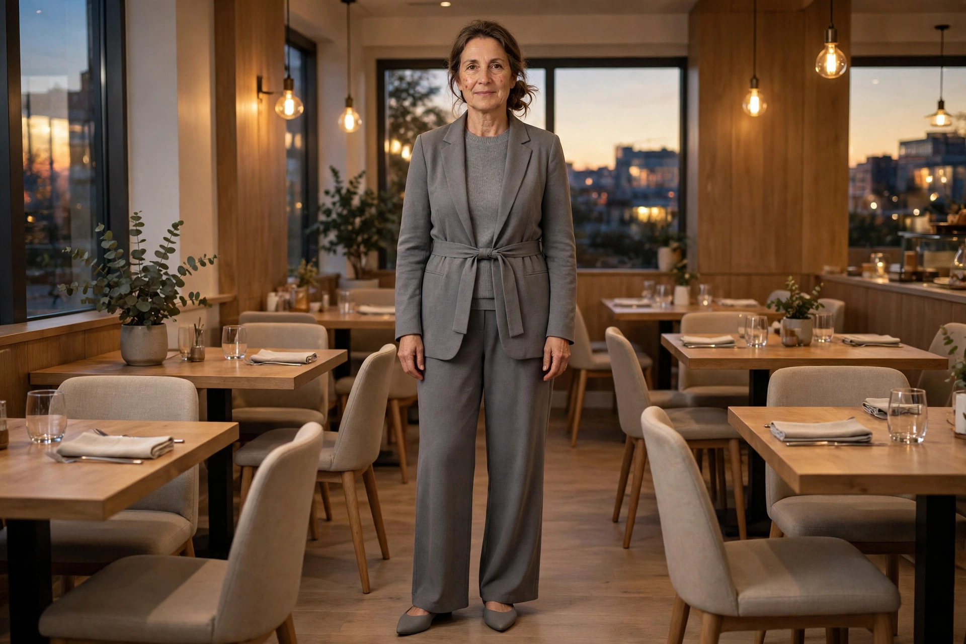 Rectangle shaped woman wearing a gray belted blazer, a gray knit top, gray wide leg trousers and gray pointed flats in a restaurant at evening