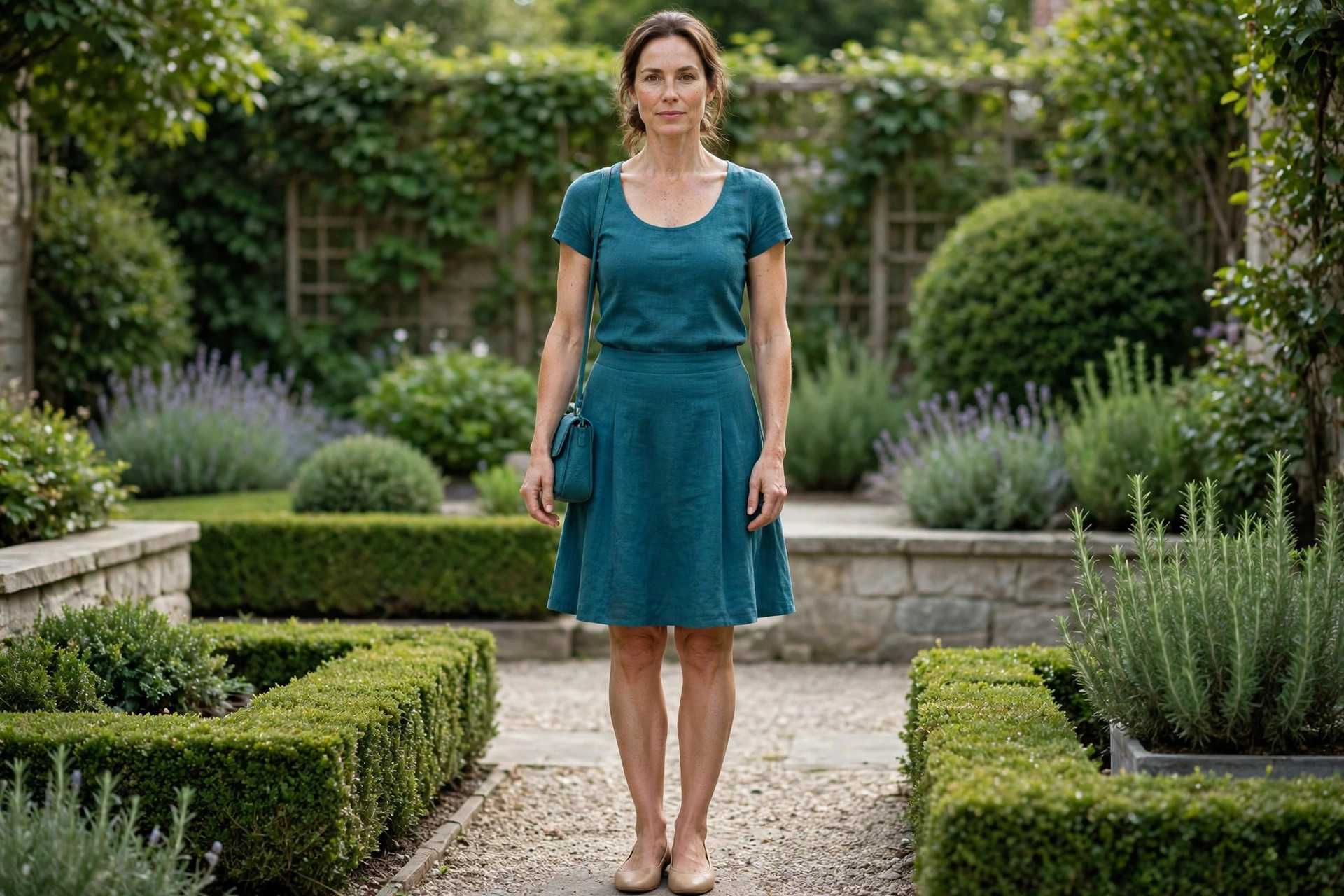 Broad shouldered woman wearing a teal scoop neck top, a teal A-line skirt, nude flats and a small teal bag in a garden
