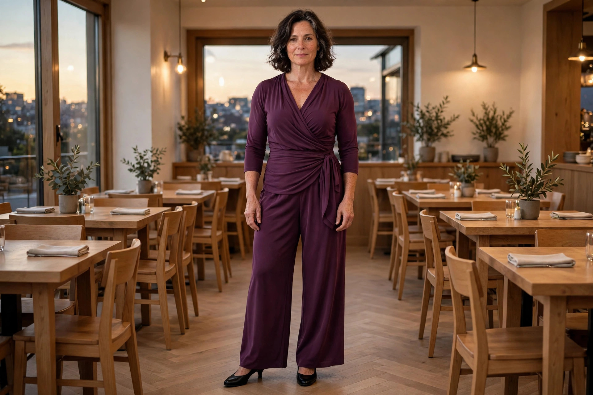 Broad shouldered woman wearing a plum wrap top, plum wide leg trousers and black low heels in a restaurant at evening