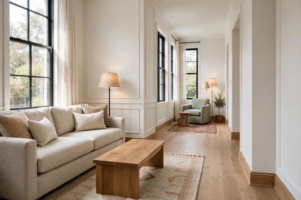 Long narrow living room with a sofa area at one end and a green reading chair with a lamp at the far end