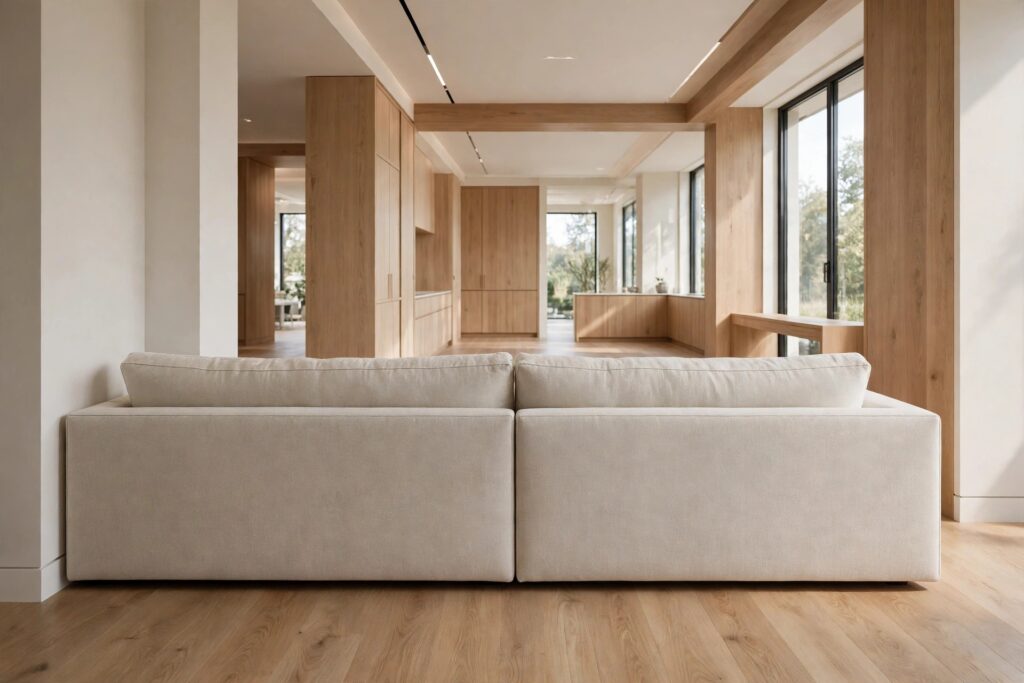 Back of a light fabric sofa floated across a long open living room, dividing the space