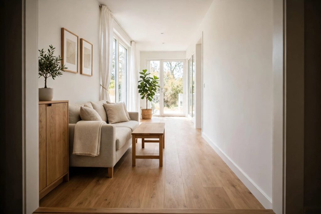 Long living room seen from the doorway with furniture on one side and a clear wood floor walkway