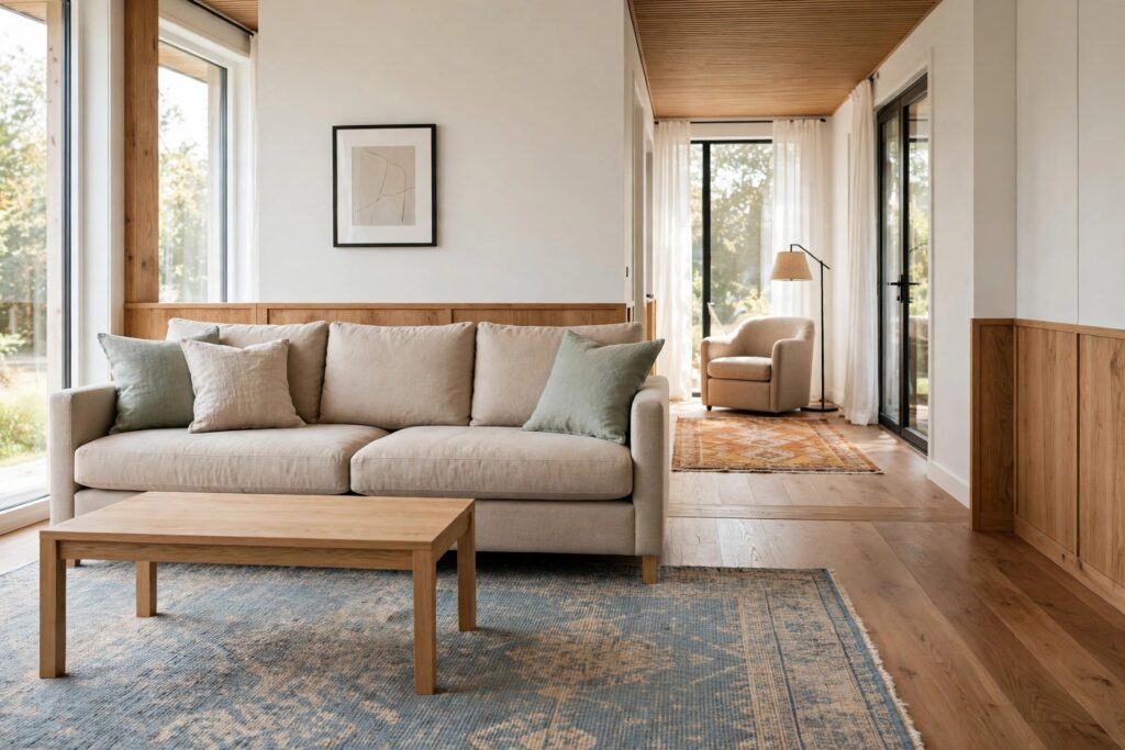 Long living room with a blue patterned rug under the sofa and a smaller patterned rug under a far armchair