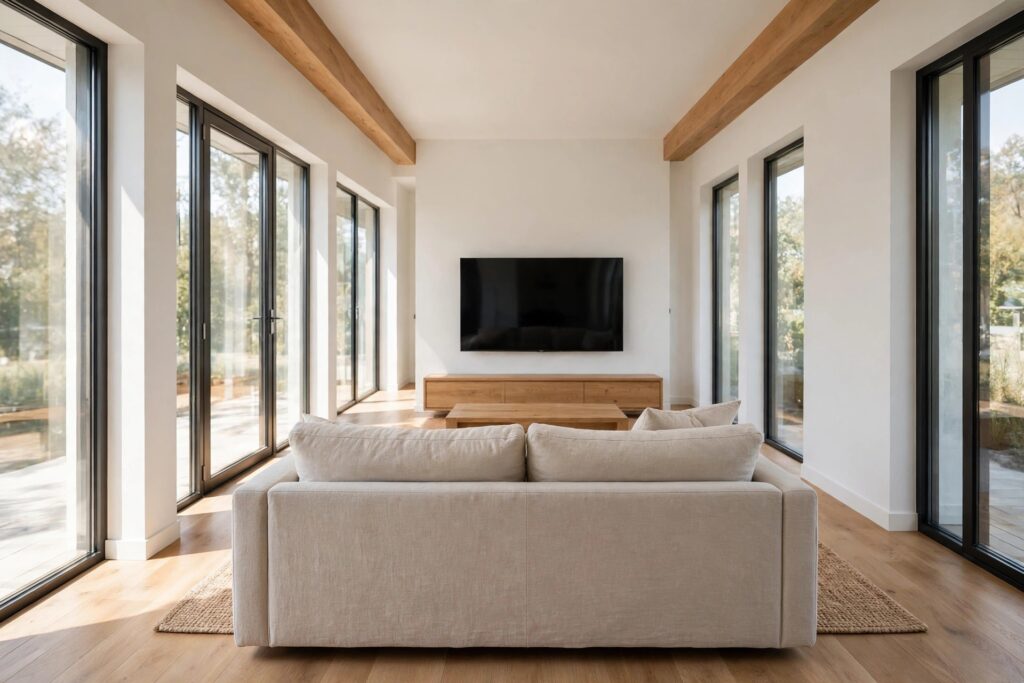 Television mounted on the short end wall of a long living room with a sofa facing it down the length of the room