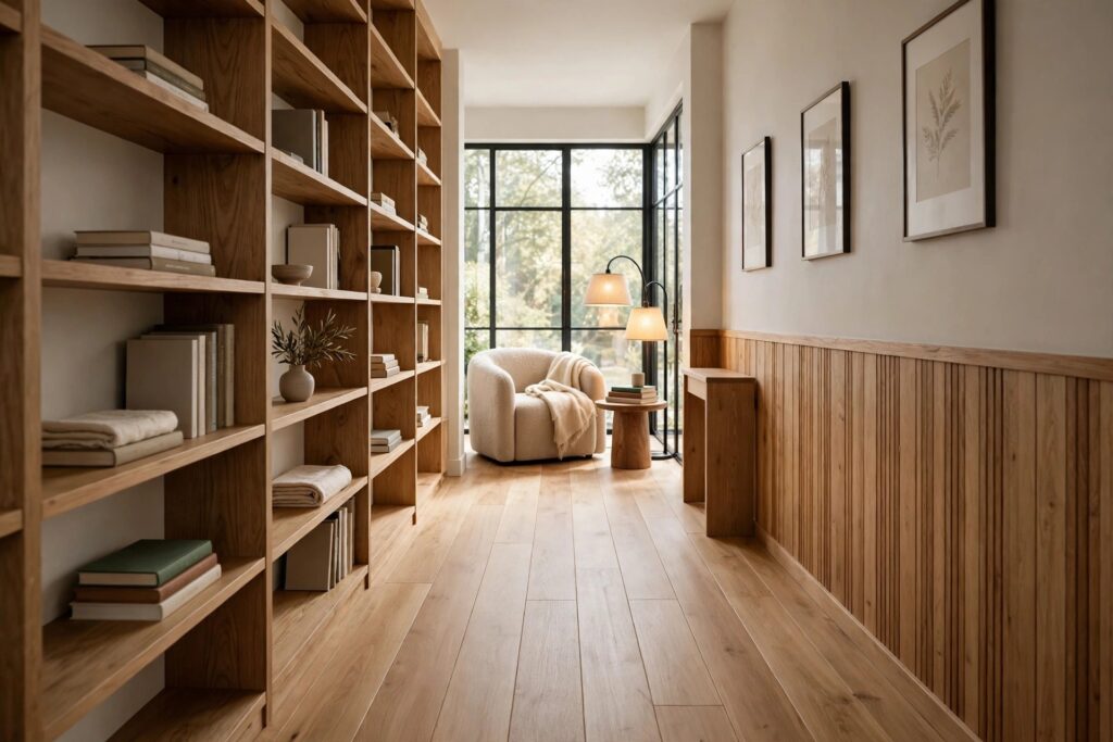 Reading nook at the end of a narrow room with a cream armchair, small side table and glowing floor lamp by tall windows