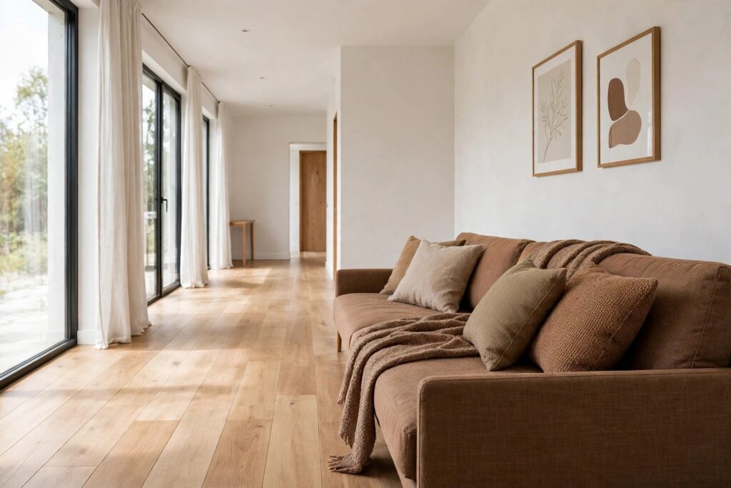 Slim brown sofa with beige cushions and a brown throw in a long narrow living room with bare wood floor