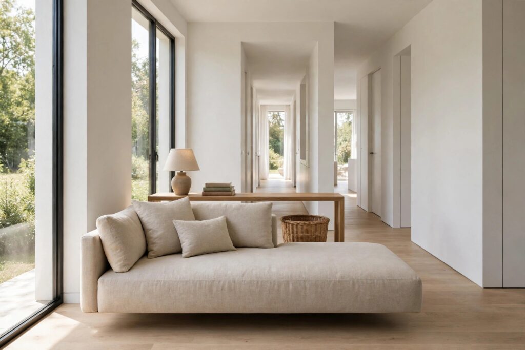 Slim wooden console table with a lamp, books and a basket behind a light fabric sofa