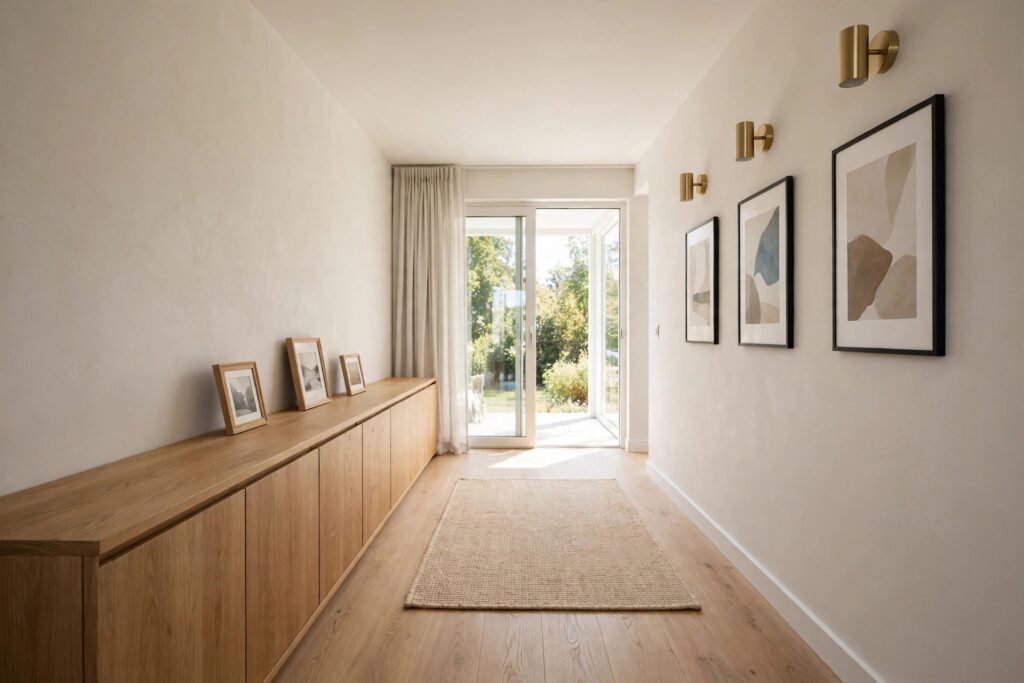Long low wooden storage cabinet with framed photos on top along one wall of a narrow living room