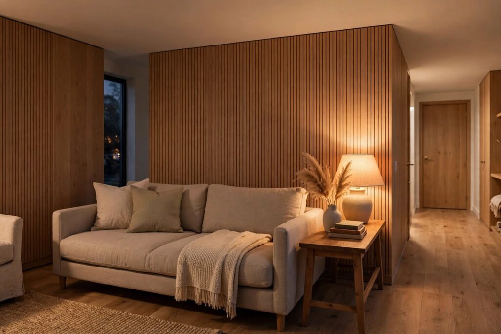 Living room sofa zone lit by a warm glowing table lamp in the evening