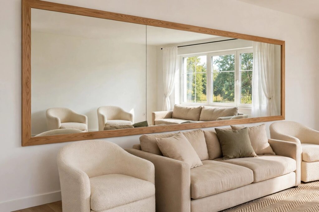 Very wide wood framed mirror above a sofa reflecting a window and seating area