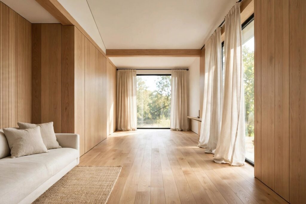 End window of a long living room dressed with wide light curtains hung high near the ceiling