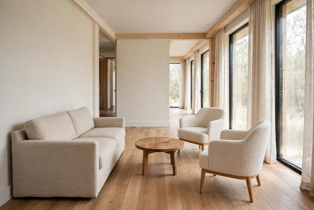 Small round wooden coffee table between a sofa and two cream armchairs in a narrow living room