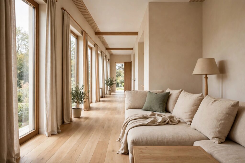 Long living room in warm beige tones with a beige sofa, beige throw and one green accent cushion