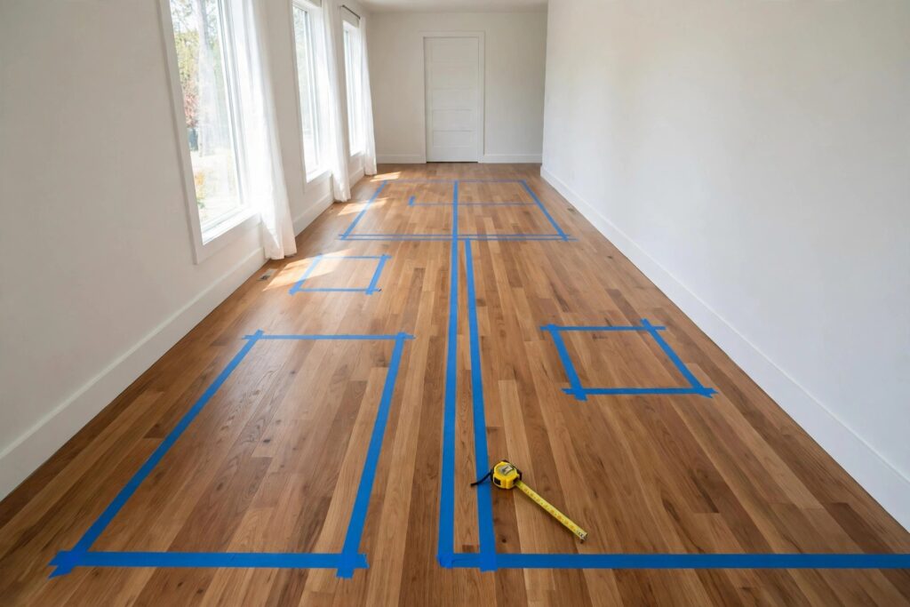 Empty long living room floor with blue tape outlines marking furniture and a walkway, plus a tape measure