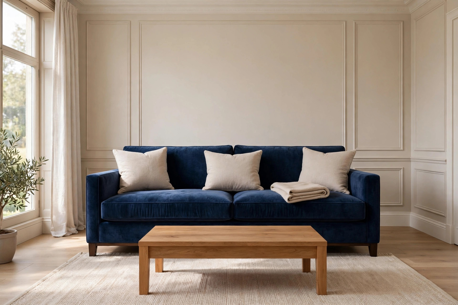 Navy velvet sofa with beige cushions and a folded beige throw against beige paneled walls, with a light wood coffee table on a beige rug