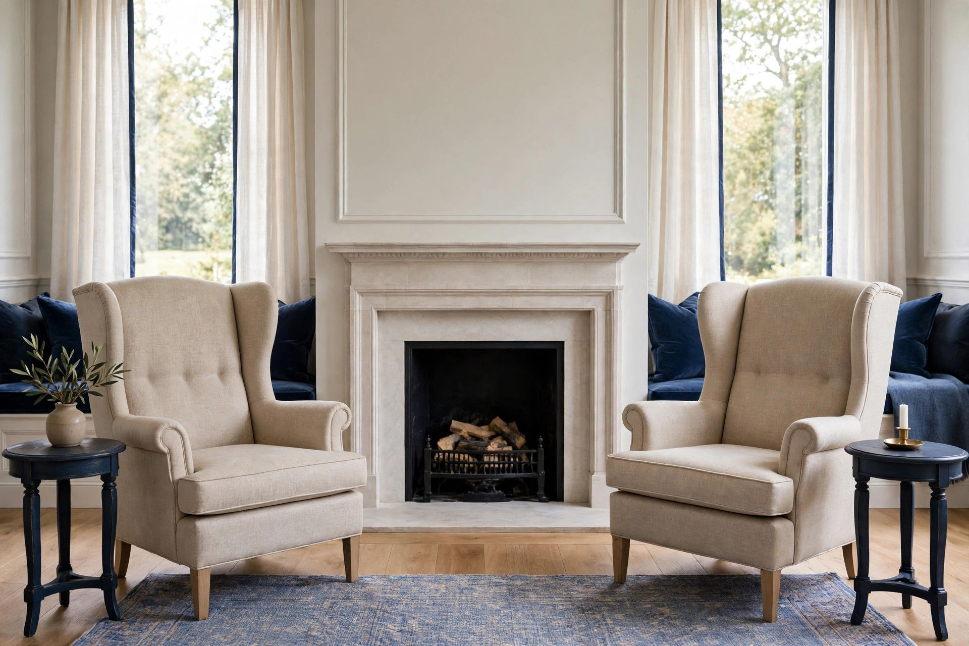 Two beige wingback chairs with small navy side tables flanking a stone fireplace, with navy seating behind them
