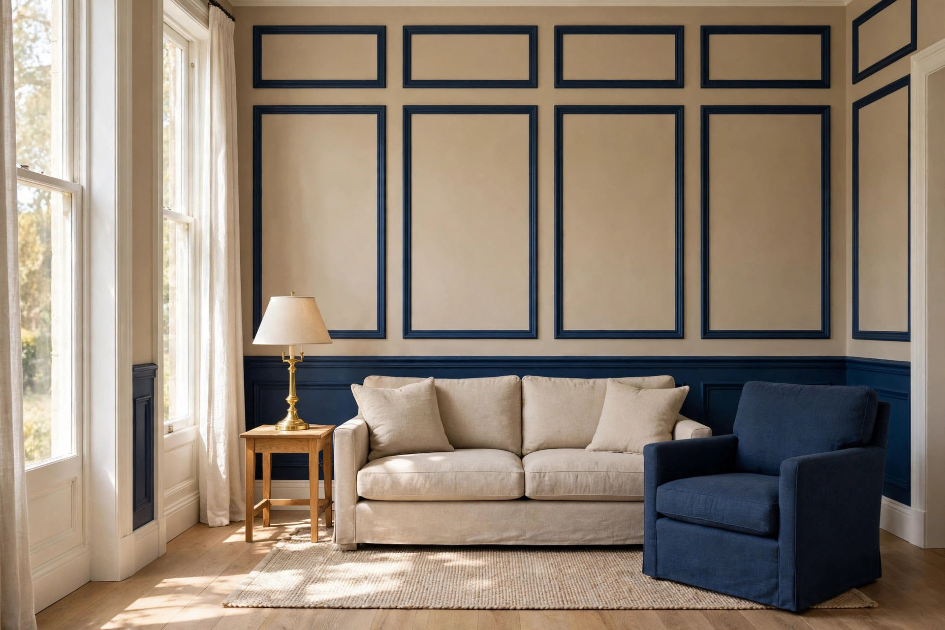 Beige sofa and navy armchair in front of a beige wall with navy panel molding frames, beside a brass table lamp on a wooden side table