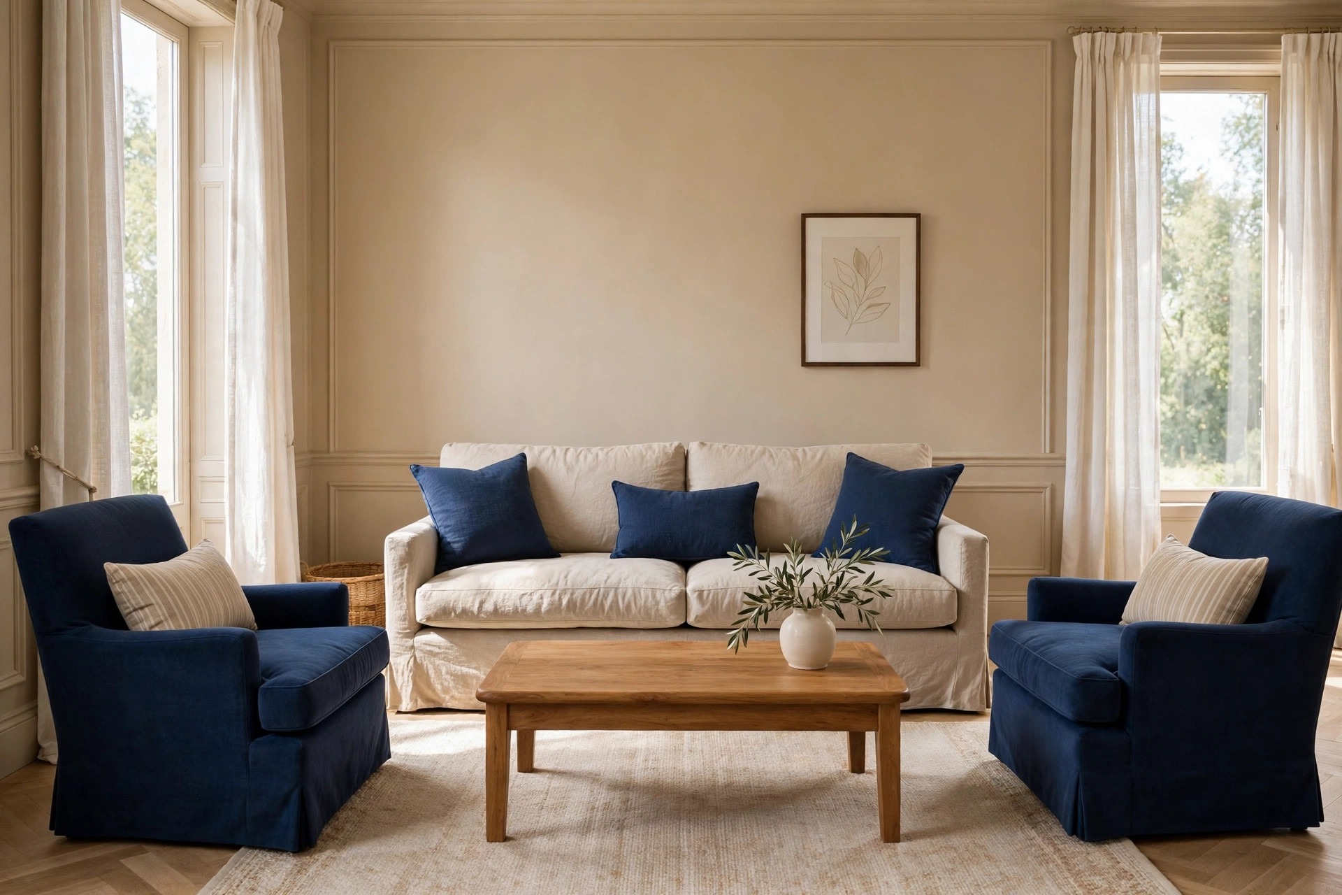 Beige sofa with navy cushions flanked by two navy armchairs with beige striped cushions, with a wooden coffee table on a beige rug against beige paneled walls