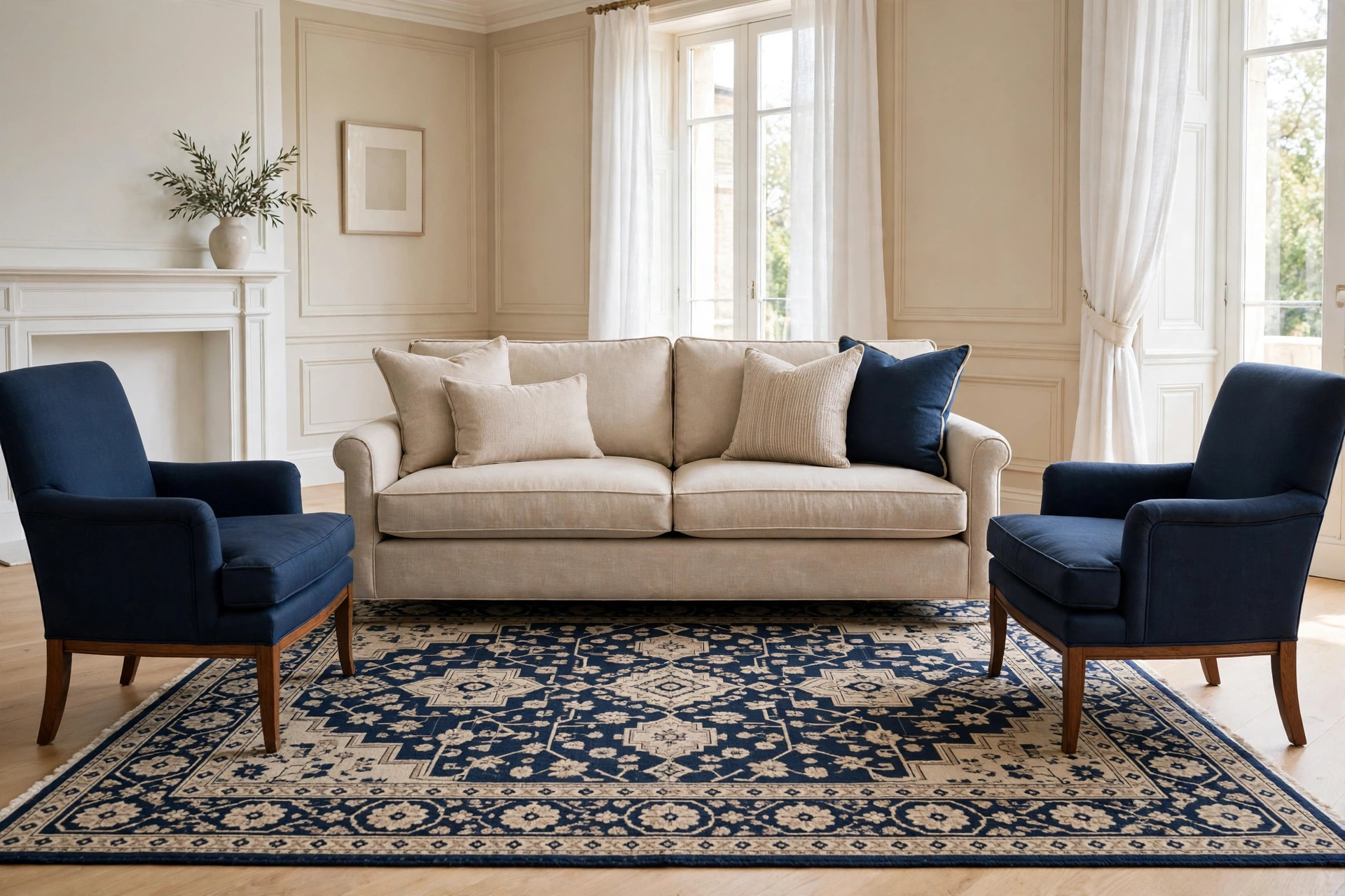 Beige sofa with beige and navy cushions and two navy armchairs on a navy and beige patterned rug with a border