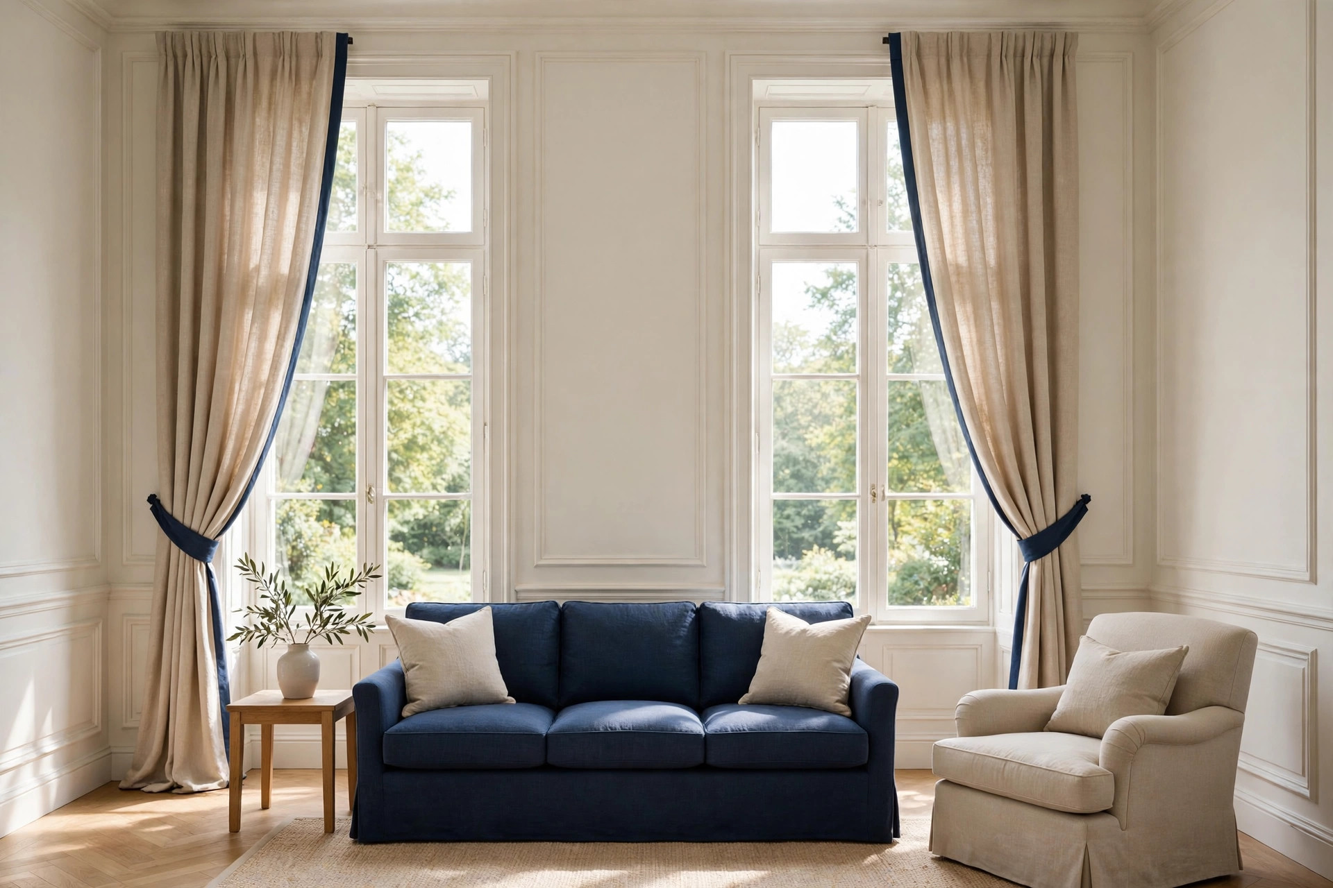 Navy sofa and beige armchair under tall windows with floor-length beige drapes with navy trim and navy tiebacks