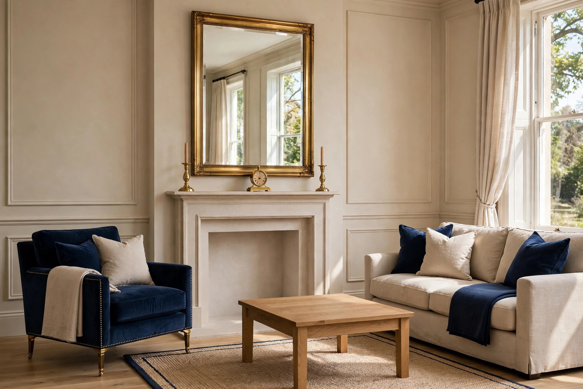 Large brass-framed mirror above a white fireplace mantel with brass candle holders and a small clock, with a navy armchair and a beige sofa with navy cushions in a formal sitting room