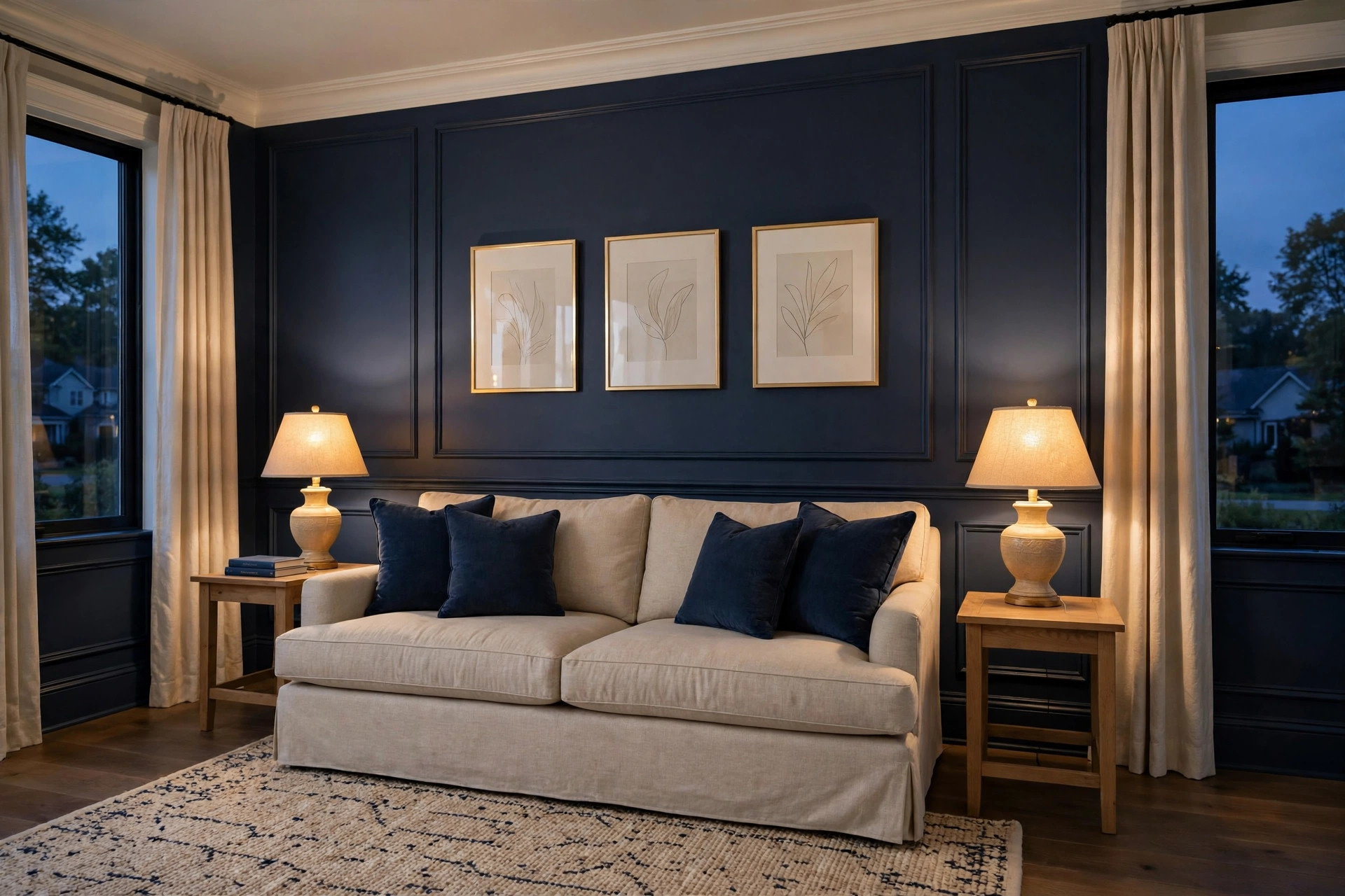 Beige sofa with navy cushions flanked by two matching lit table lamps on wooden side tables against a navy paneled wall at dusk