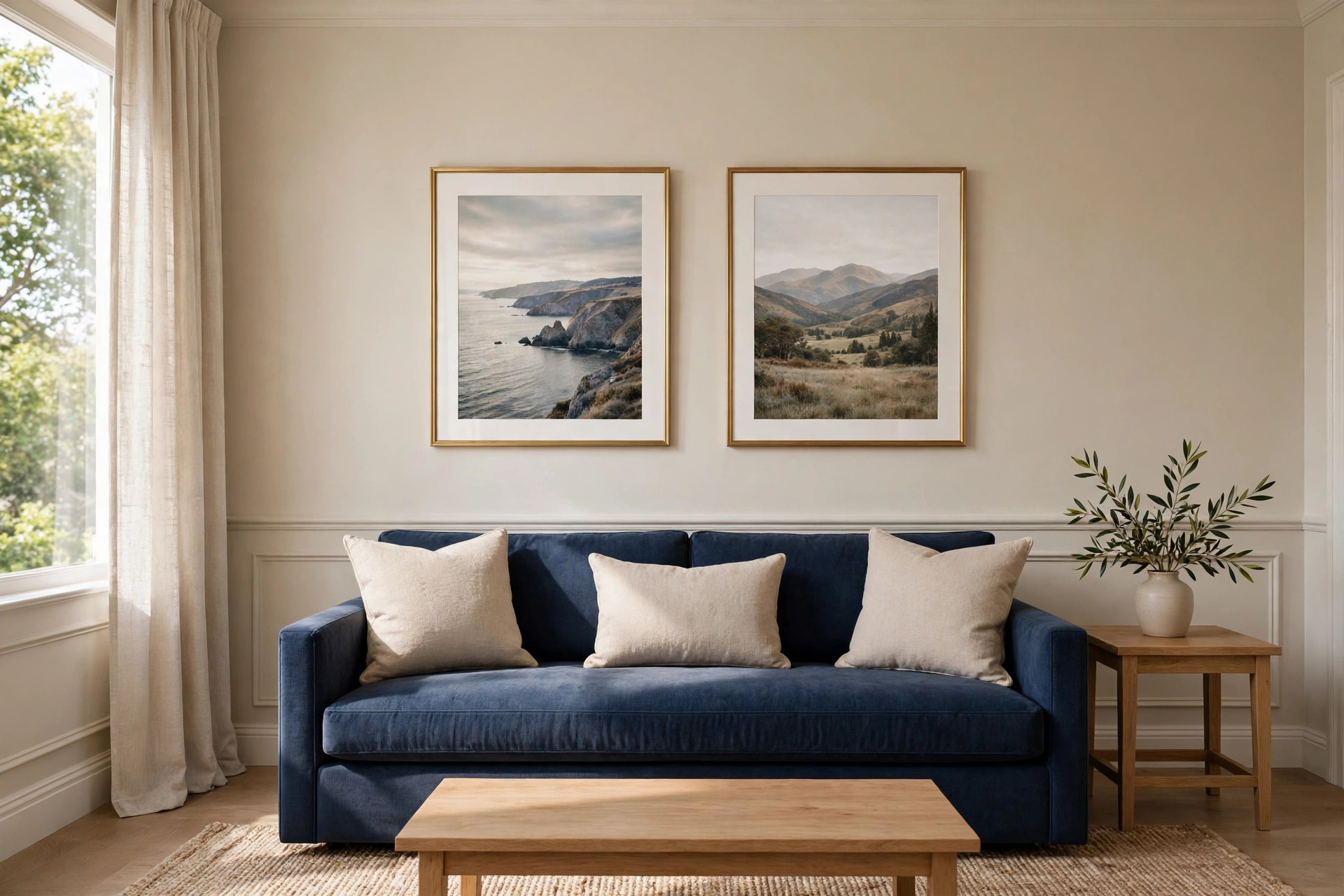 Two gold-framed landscape prints hung side by side above a navy sofa with beige cushions, beside a wooden side table with a vase