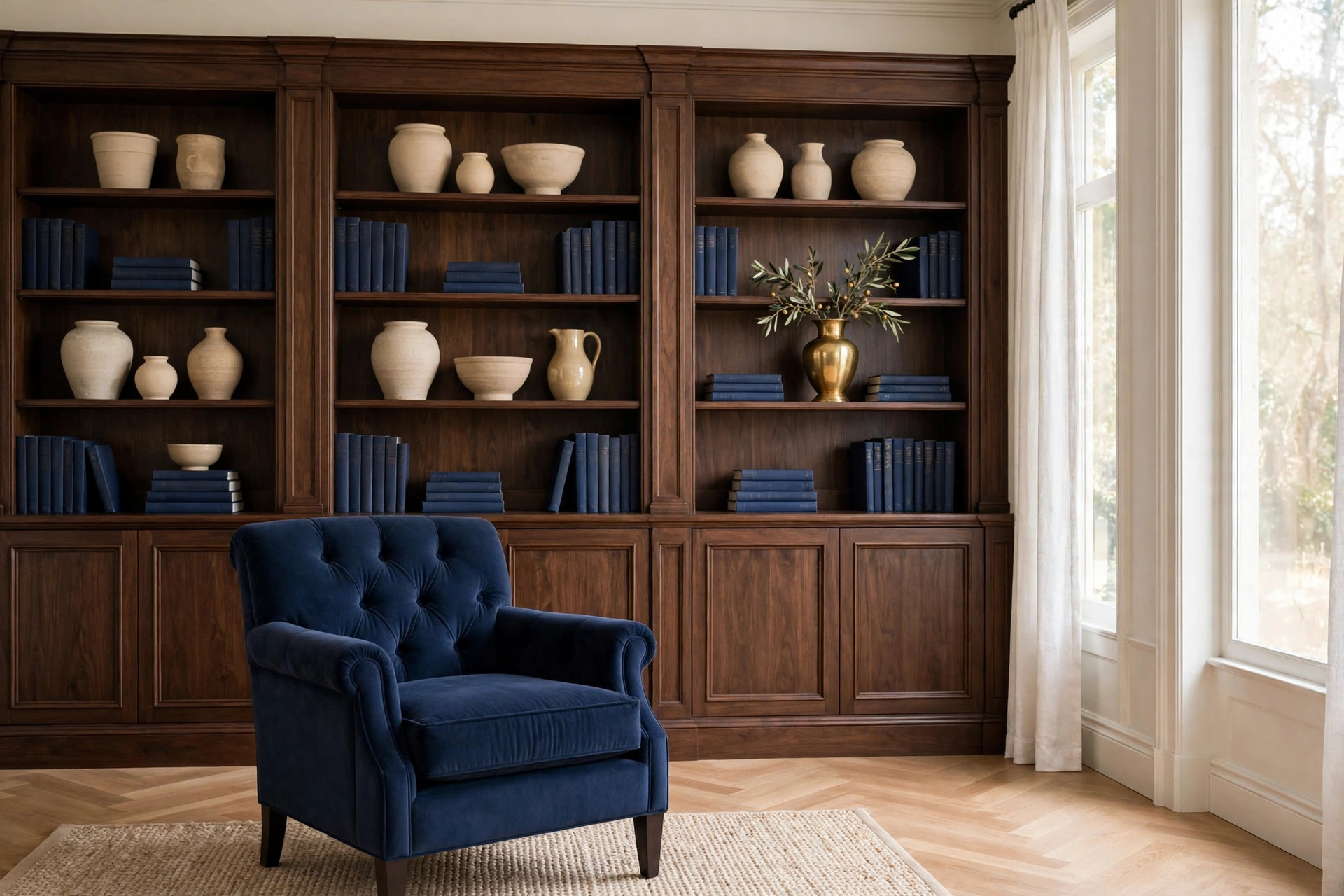 Dark wood bookcases styled with beige pottery, navy books and a brass vase, with a navy tufted armchair in front