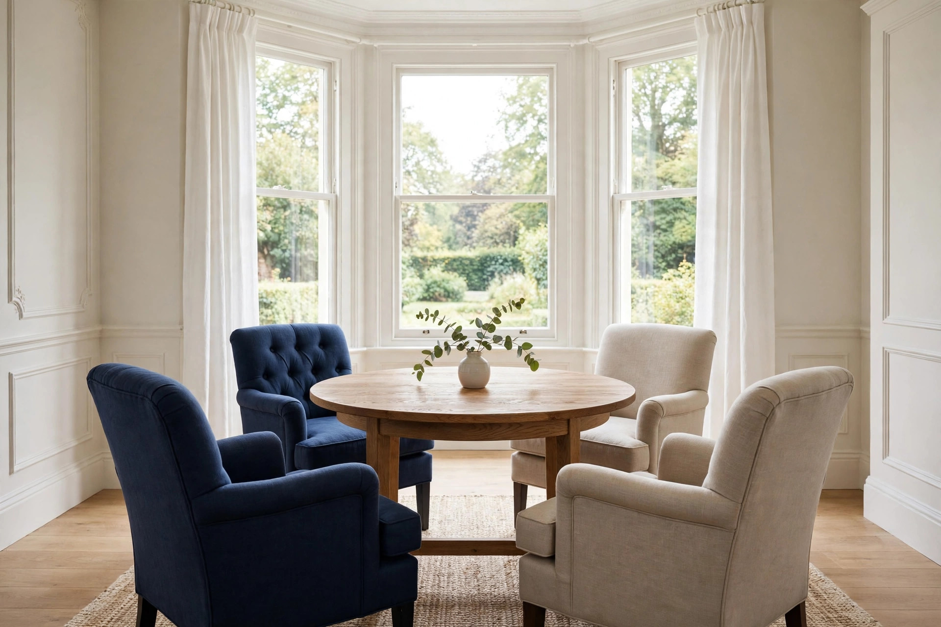 Two navy and two beige armchairs around a round wooden table with a small vase, in front of a bay window