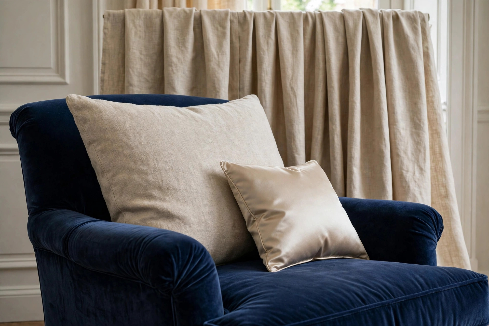 Navy velvet armchair with a large beige linen cushion and a small beige silk cushion, in front of beige linen drapes