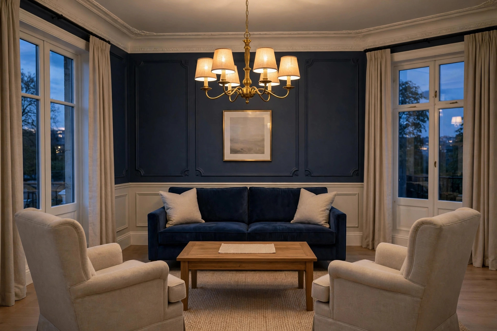 Brass chandelier with beige shades lit above a wooden coffee table, with a navy sofa and two beige armchairs in an evening sitting room