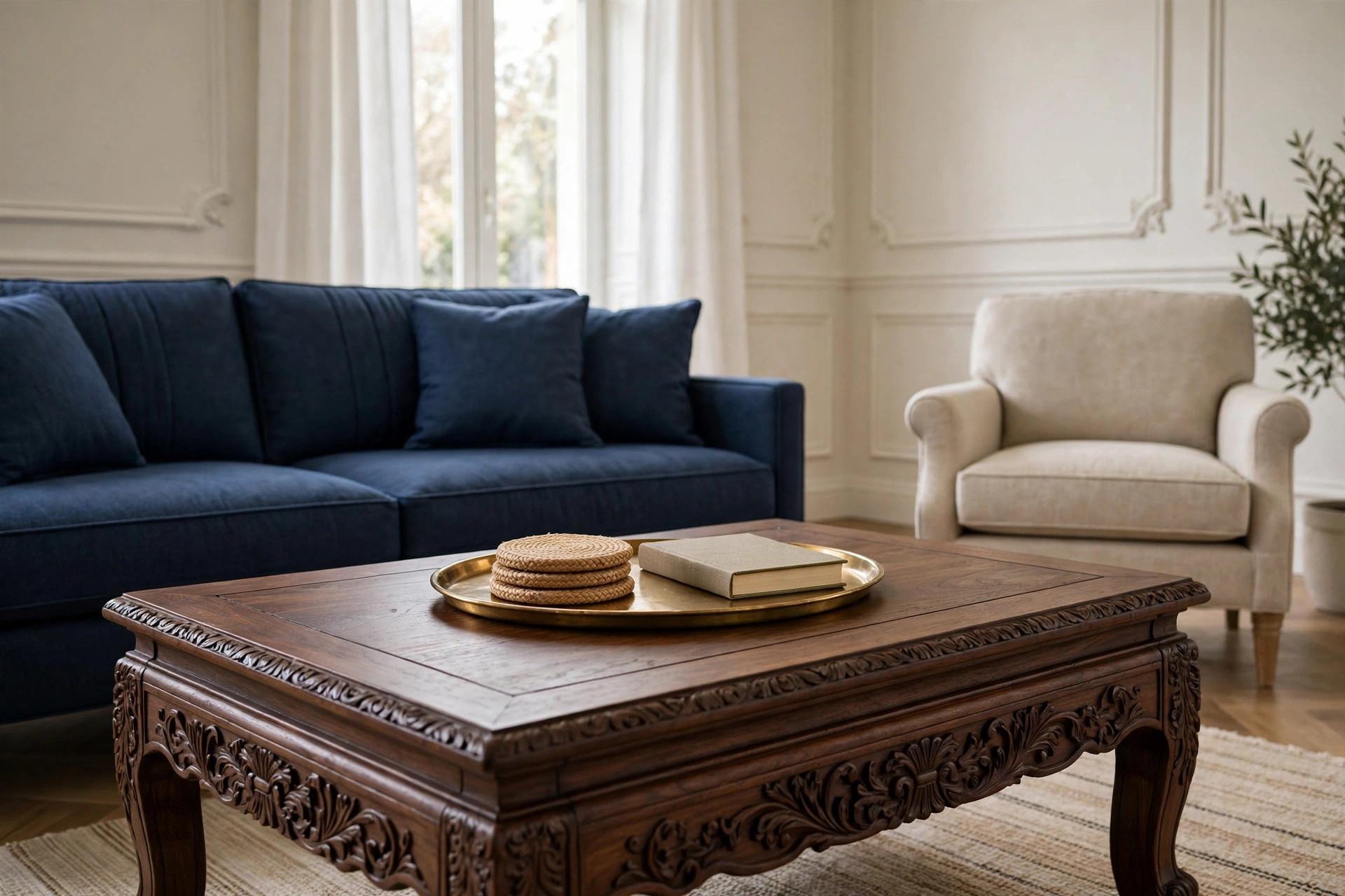 Carved dark wood coffee table with a brass tray holding coasters and a book, in front of a navy sofa and beside a beige armchair