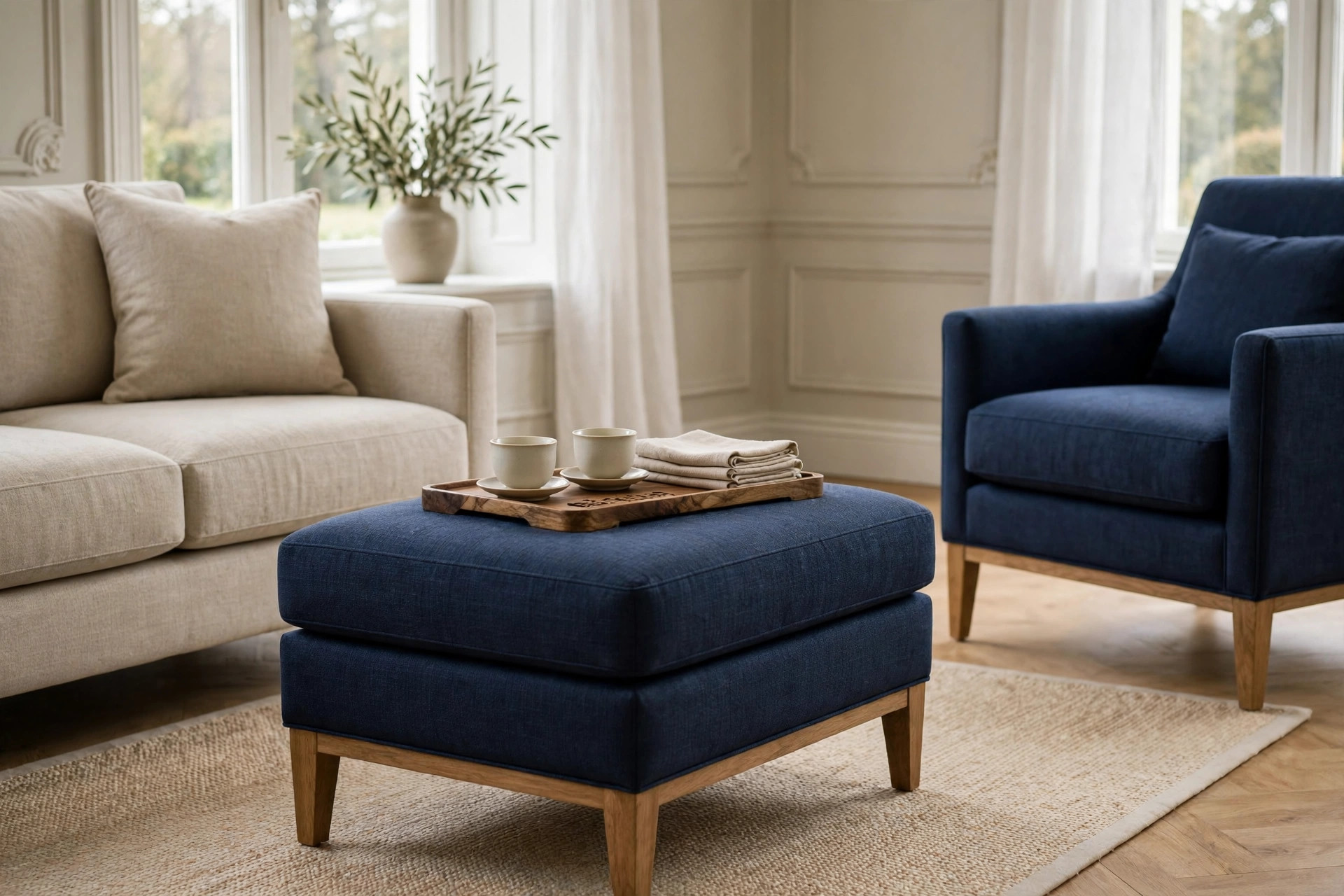 Navy ottoman with wood feet holding a wooden tea tray with two cups and folded beige napkins, between a beige sofa and a navy armchair