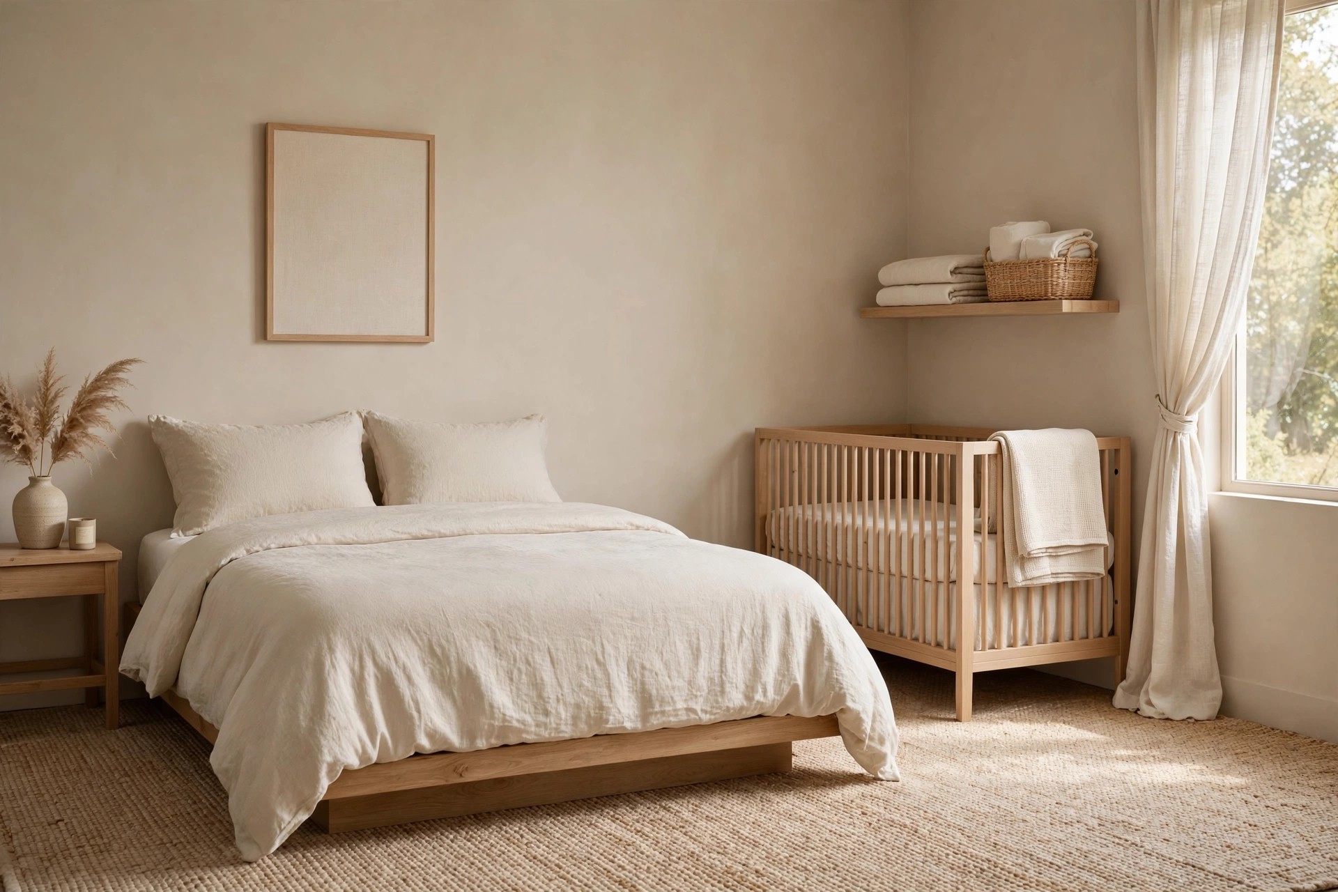 Cream bed and a light wood crib in the corner sharing the same cream, beige and oatmeal tones, with folded blankets on a shelf above