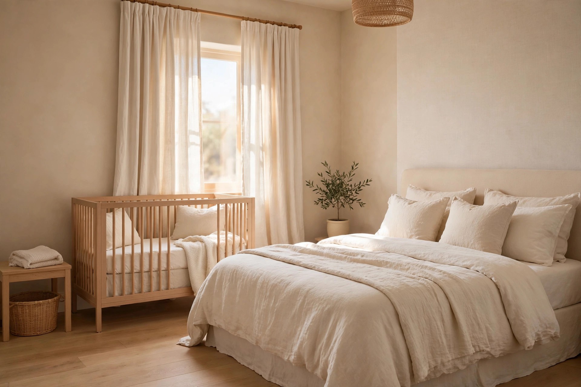 Warm beige bedroom in midday light with warm white bedding and curtains, a light wood crib by the window and a cream adult bed