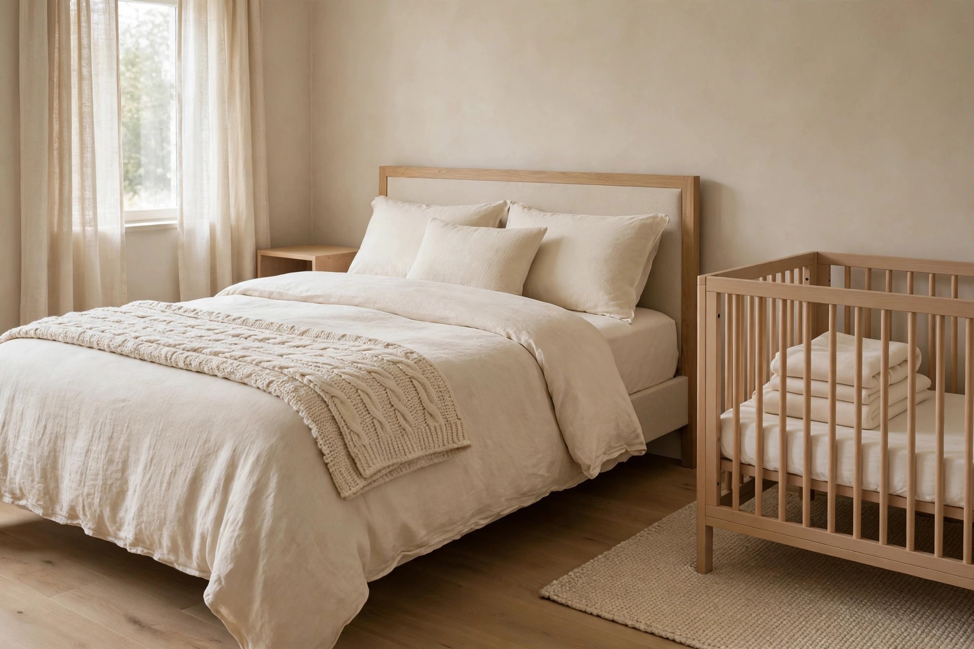Neatly made cream bed with a cable knit throw across the foot beside a light wood crib with folded cream blankets on a woven mat