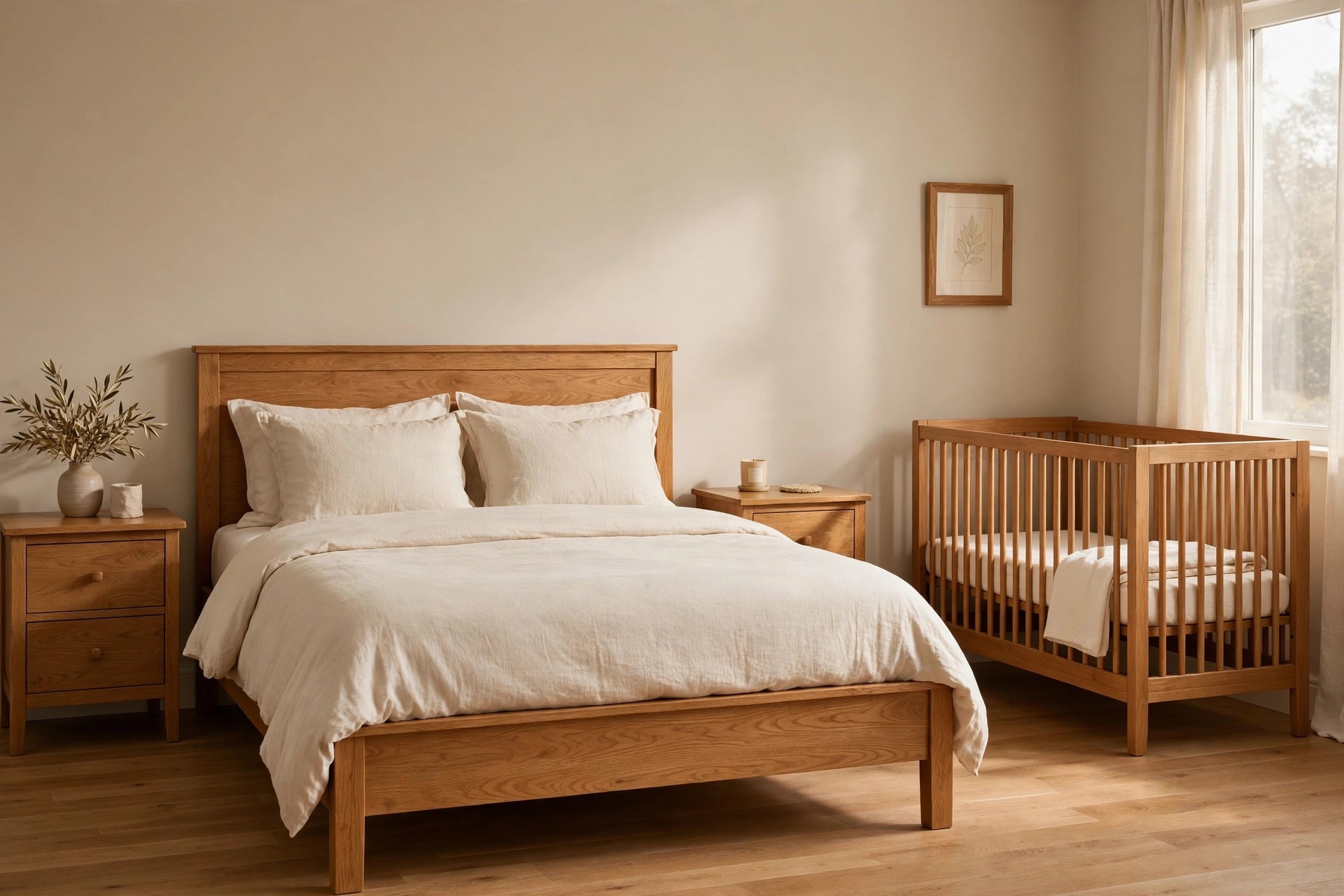 Warm oak bed frame, oak nightstands and a matching warm oak crib with cream bedding in the corner of a beige bedroom