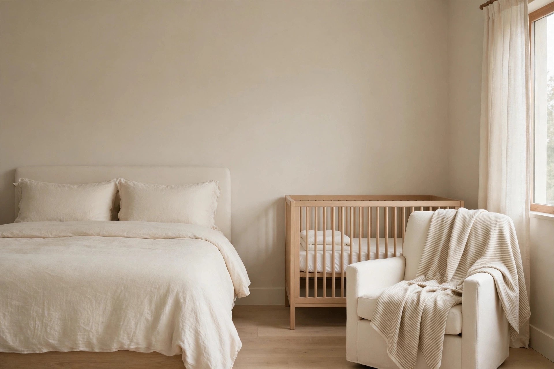 Cream bedroom with one fine cream and sand striped blanket draped over a cream chair beside a light wood crib