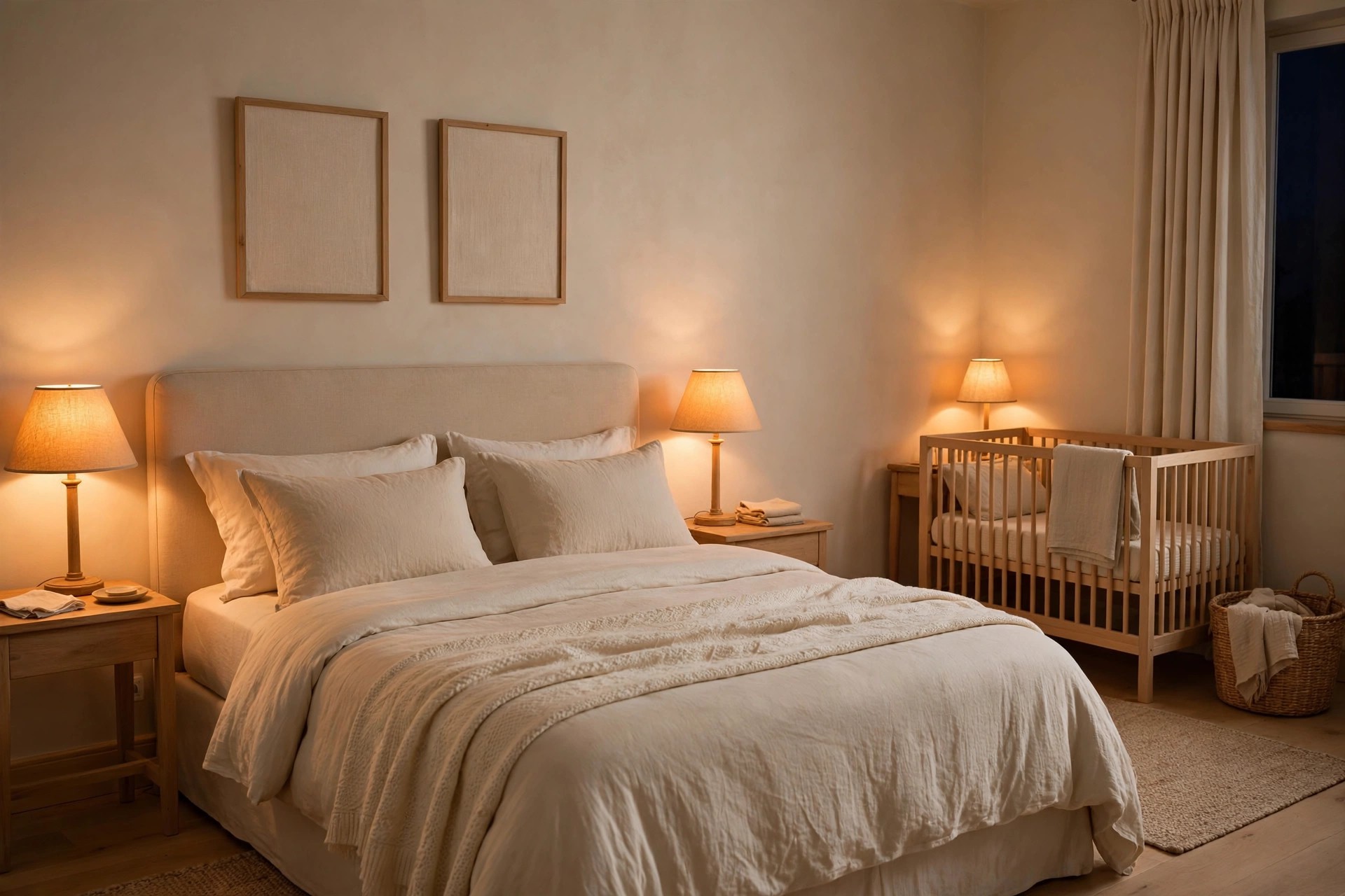 Beige bedroom at night with warm shaded lamps by the cream bed and a matching warm lamp glowing beside the light wood crib in the corner