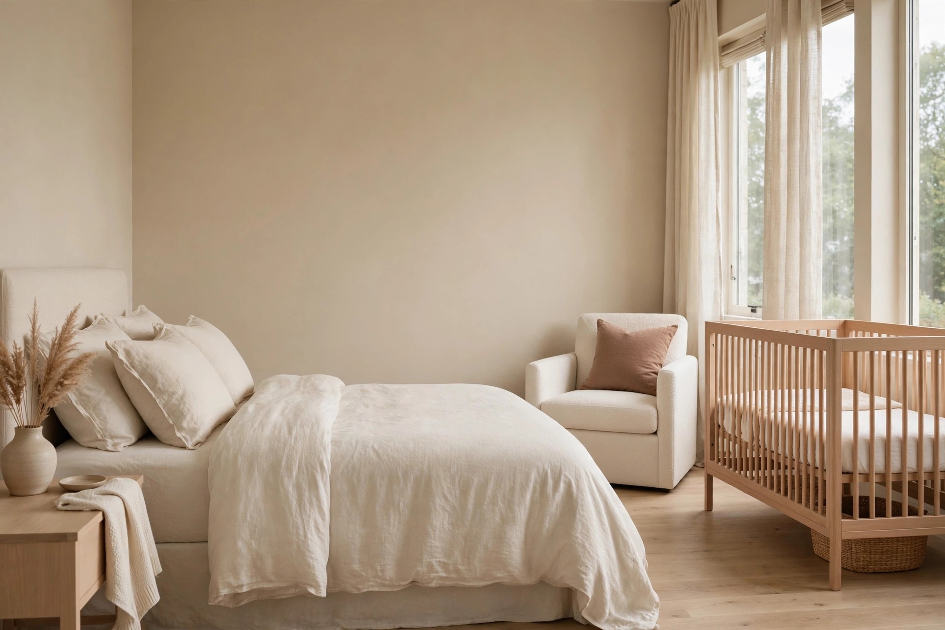 Clean beige bedroom with one dusty clay cushion on a cream chair between the cream bed and a light wood crib by tall windows