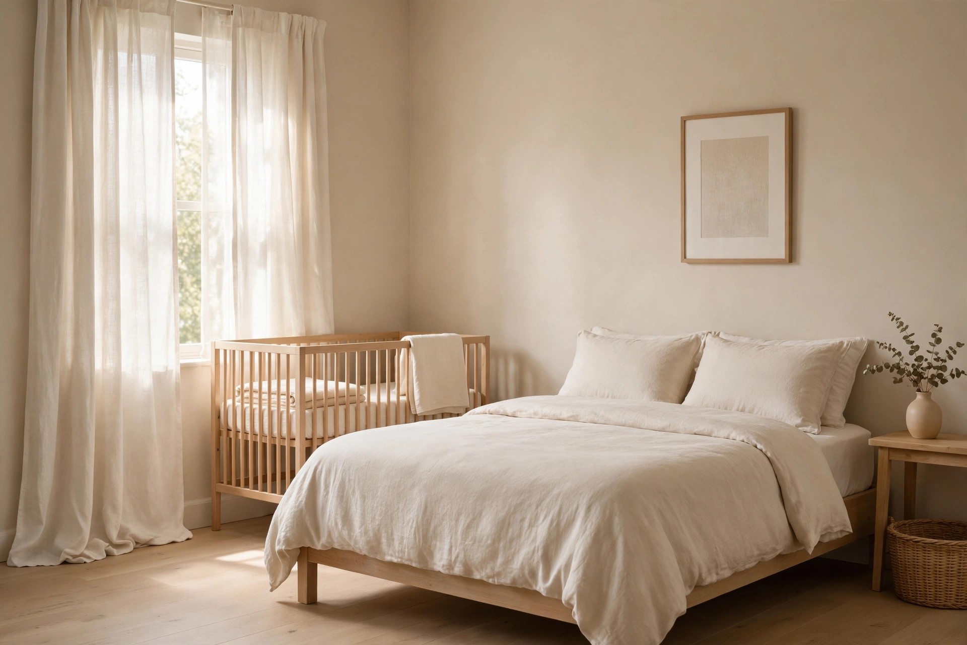 Beige bedroom with warm white sheer curtains softening bright daylight over a light wood crib in the corner beside the cream bed