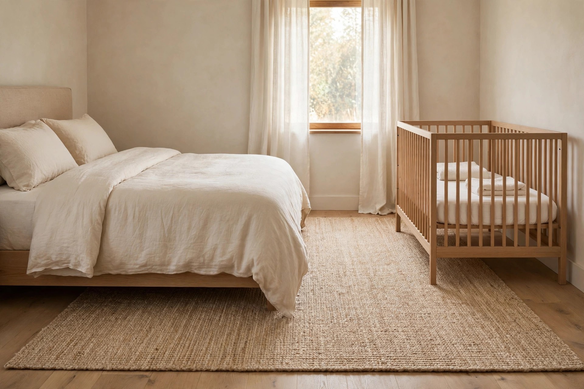 One middle beige woven rug running between a cream bed and a light wood crib in a beige bedroom, light wood floor at the edges