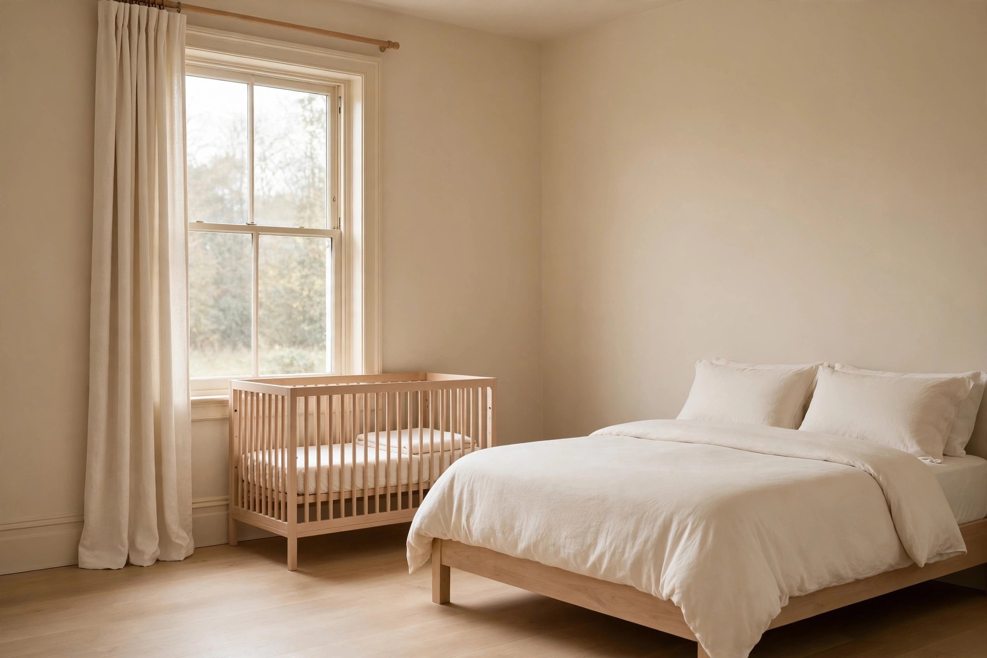 Beige bedroom with warm white window trim and skirting blending into the walls, a light wood crib under the window and a cream bed