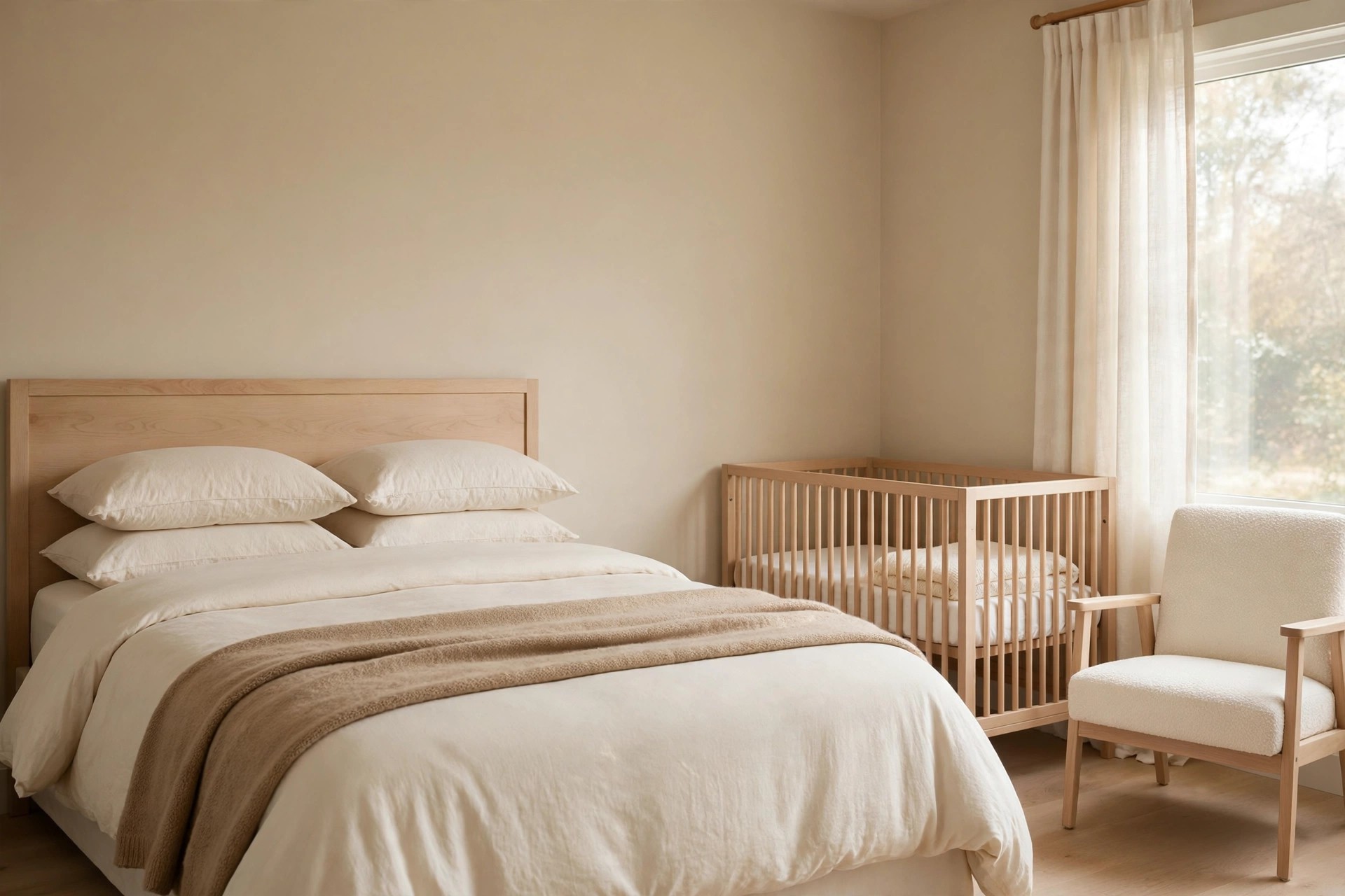 Tidy beige bedroom styled in four tones only, cream bed with a deeper beige throw, light wood crib and a cream chair in the corner