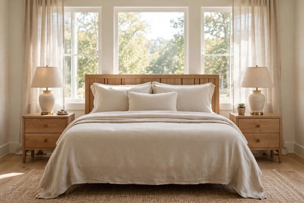 Wooden headboard bed with cream bedding between two matching wood nightstands with ceramic lamps