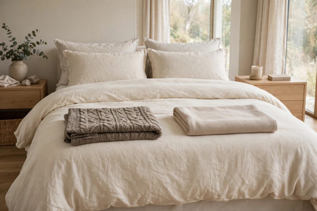 Cream duvet bed with a folded gray knit throw and a folded smooth beige throw side by side